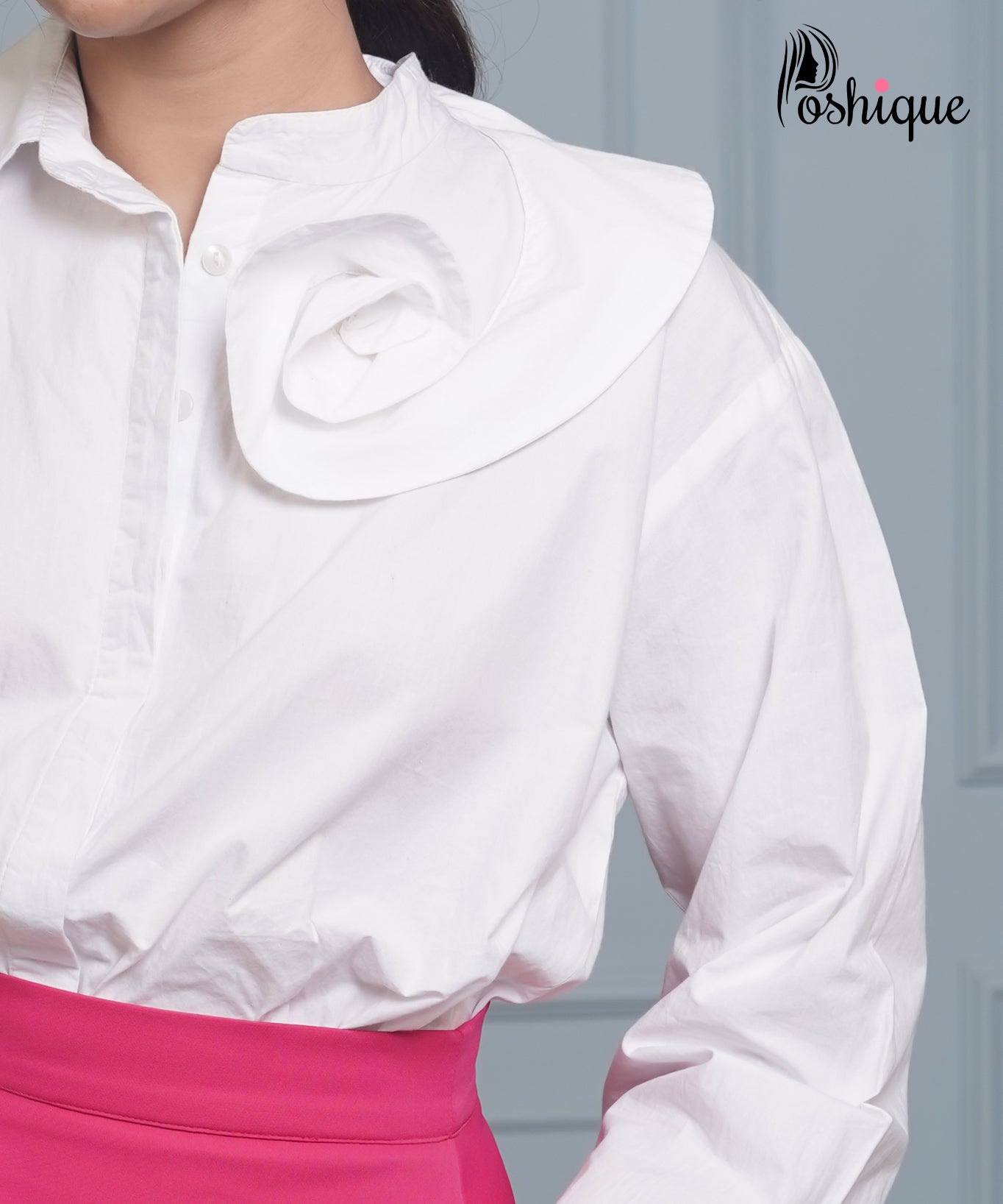 Poshique Classic White Shirt & Bold Pink Draped Skirt Set